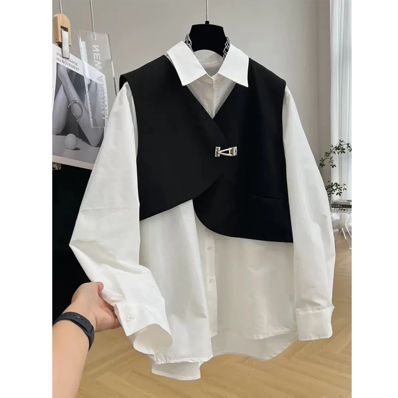 Women Clothing Fashion Asymmetrical Chic Vest Y2K Streetwear Oversize Long Sleeve Shirt Black White Minimalist Tunic Blouse Sets