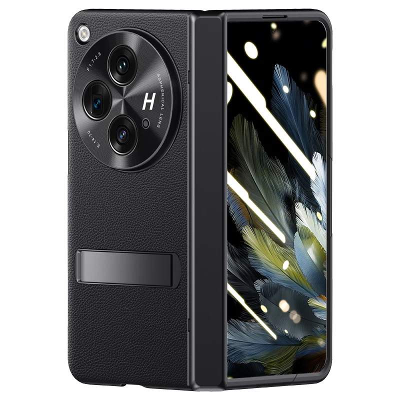 For OPPO Find N3 Case PU Leather Hinge Kickstand + Tempered Glass Folding Lens Protection Cover For OnePlus Open