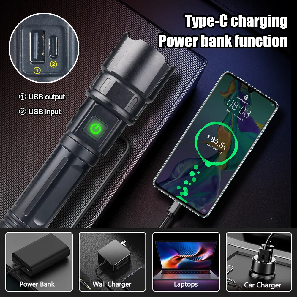 Green Flashlight Professional LED Zoomable Torch for Hunting USB Rechargeable Tactical Night Scout Light+Press Switch+Gun Clip