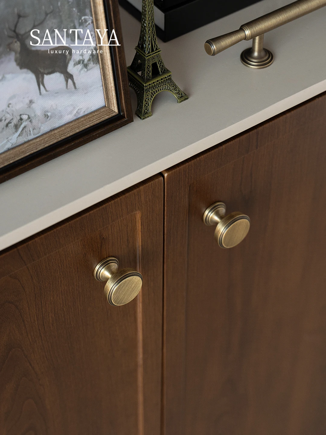 Santaya Solid Antique Brushed Brass Handles for Kitchen Cabinets Wardrobe Drawers T-bar Pull and Long Bronze Knobs for Furniture