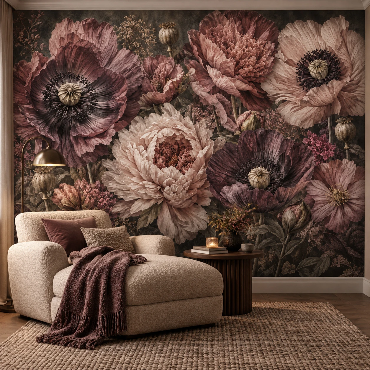 Large Dark Moody Floral Wall Mural Wallpaper Burgundy Poppy Peony Botanical Living Room Bedroom Non Self Adhesive Paste Required