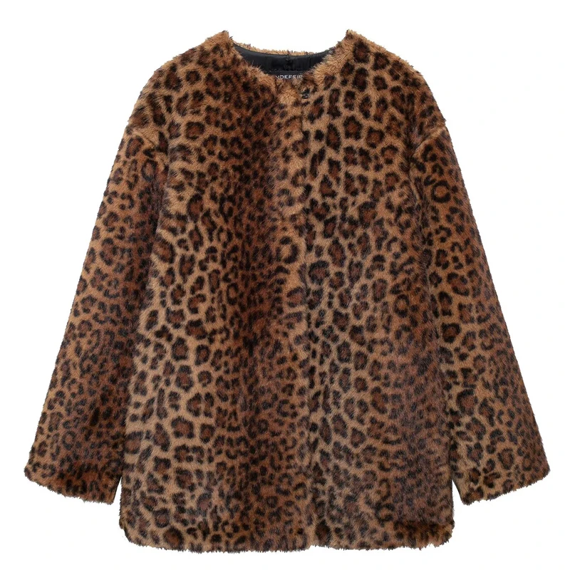 女性ヒョウ柄フェイクファーコート冬暖かいジャケットアウター長袖ファッションストリートエレガントカジュアルふわふわショートコート