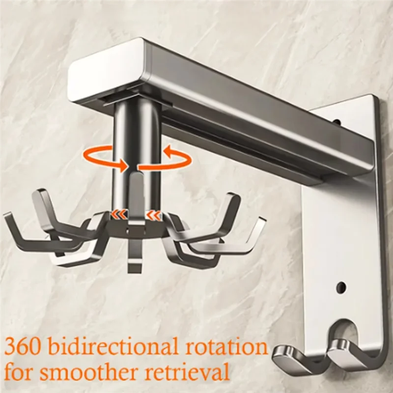 

T99C-Wall-Mounted Kitchen Rotary Hook Rack,Aluminum Storage Hanger With 8 Hooks,No-Hole Punching Installation,Space-Saving