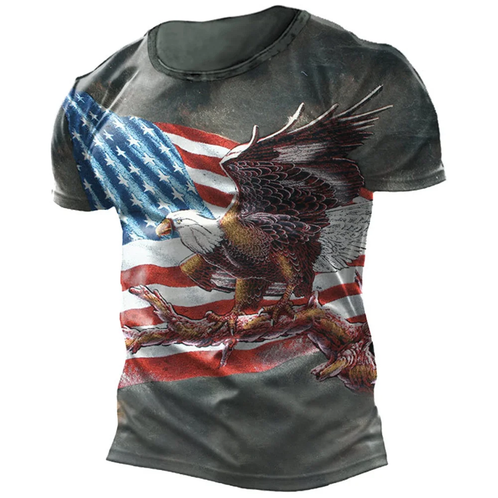 Summer Men's T Shirt Tops Soaring Eagle Print Tees O Neck Short Sleeve USA Flag Graphic T Shirt Daily Male Oversized Clothes