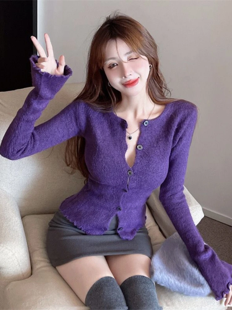 Woherb Korean Fashion Solid Slim Knitted Cardigan 2024 O Neck Single Breasted Sweater Autumn Y2k Aesthetic Long Sleeve Sexy Tops