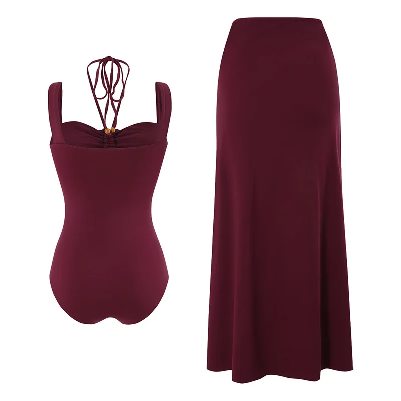 One-piece Women Swimwear Strap Decoration Hollow Hanging Neck Swimsuit Bikini Set Beach Vacation Style Wear Maxi Dress Skirt