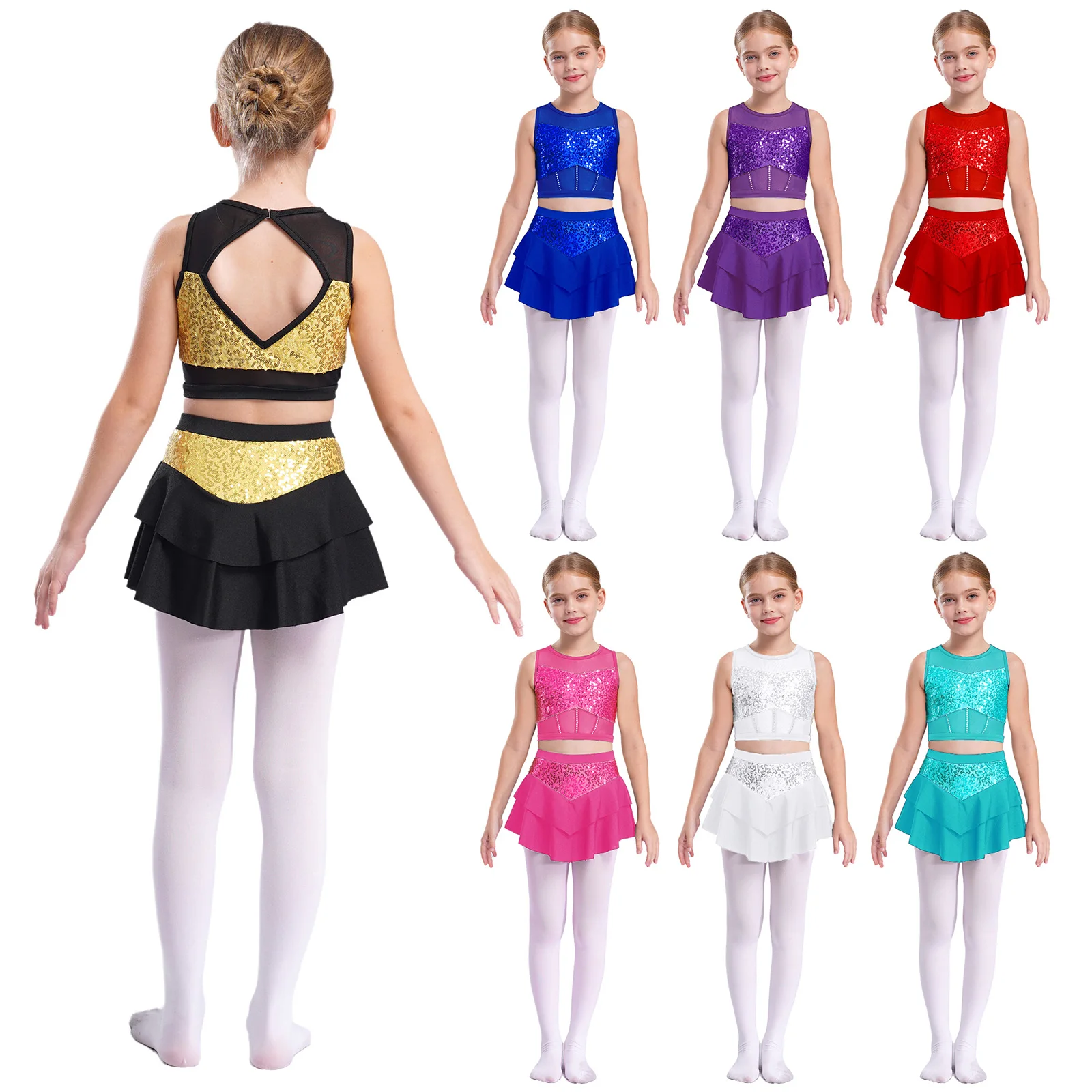 Dziewczęcy strój do tańca cheerleaderek z błyszczącymi cekinami Hip Hop Jazz Dance Kostium bez rękawów Sheer Mesh Crop Top z wielowarstwową spódnicą