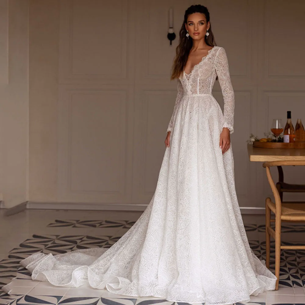 Abito da sposa Sexy con scollo a V in pizzo a maniche lunghe Illusion abiti da sposa senza schienale in Tulle a-line per le donne yochnos 349houncin sore