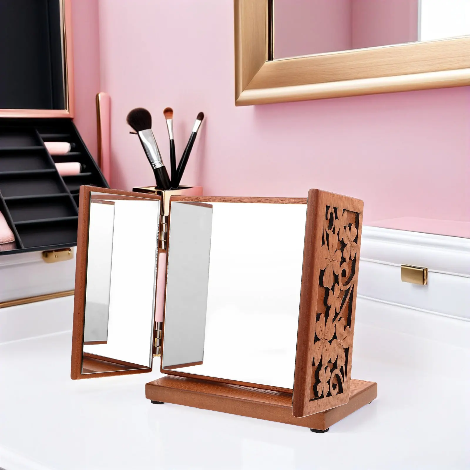 

Wooden 3-Sided Folding Makeup Mirror Vintage Carved Mirror for Dresser Tabletop Travel Decoration Vanity Use