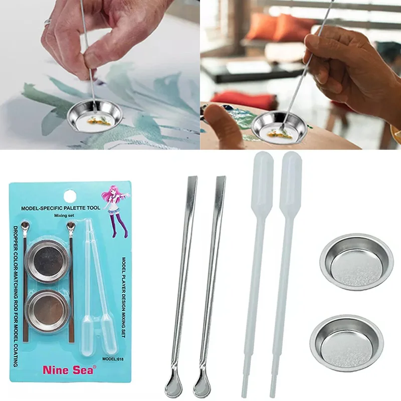 Model Coloring Tools Set Metal Color Paint Tray Mixing Tinting Dish Paint Dropper Stirrers Kits Painting Tool for Hobby DIY