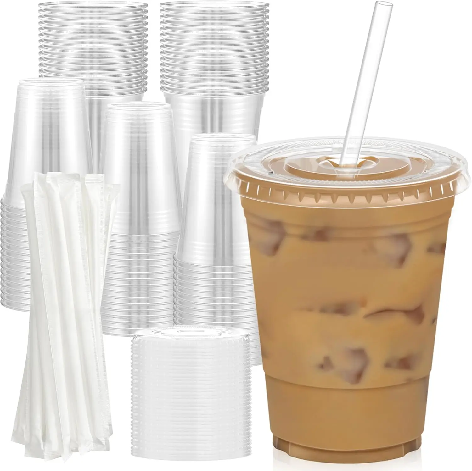 

100 Pack - 16 oz Clear Plastic Cups with Lids and Straws, Sturdy & Food Safe Iced Coffee Cups with lids, Disposable Plas