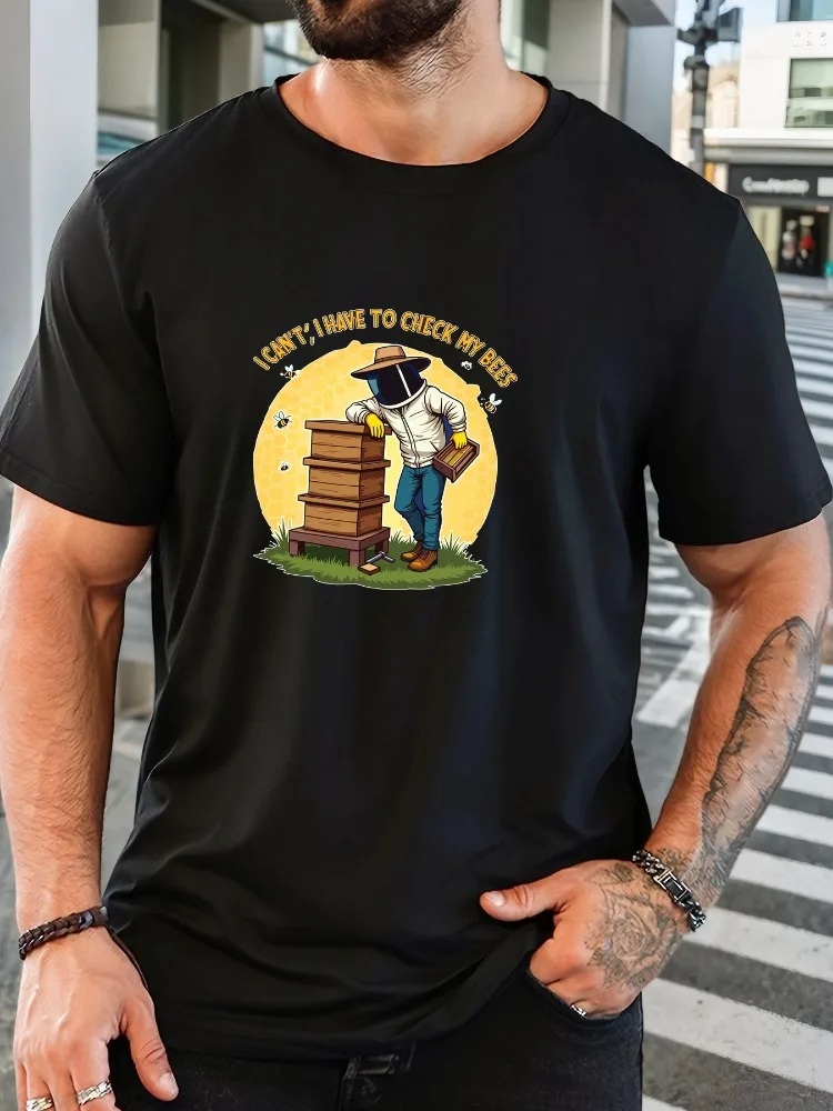 Men Light Blue Crew Neck Tee Funny Beekeeper With Hive Box I Cant I Have To Check My Bees Quote Graphic Soft Short Sleeve Bee Lo
