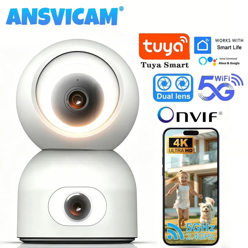 Telecamera IP WiFi ANSVICAM Tuya 8MP a Doppia Lente, Monitor per Bambini, Telecamera di Sicurezza Interna WiFi 2.4G/5G 360° °   Sorveglianza ONVIF con