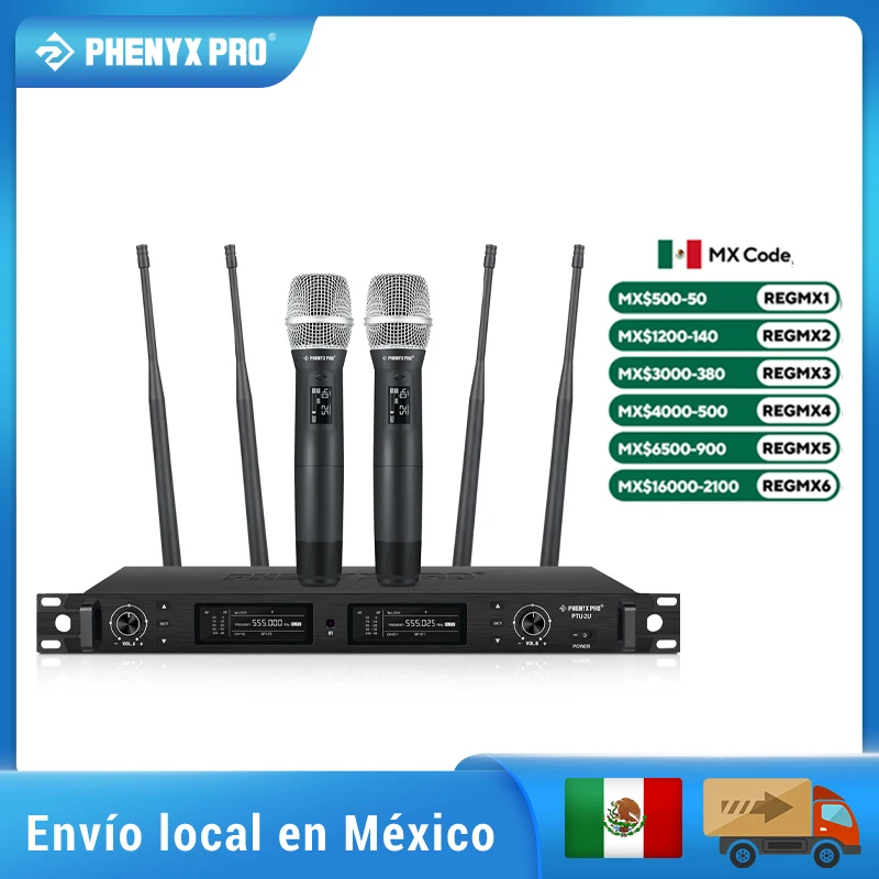 Wireless Microphone System Phenyx Pro True Diversity Dual Cordless Microphone Set 2x1000 Channels, 328ft for Stage (PTU-2U)