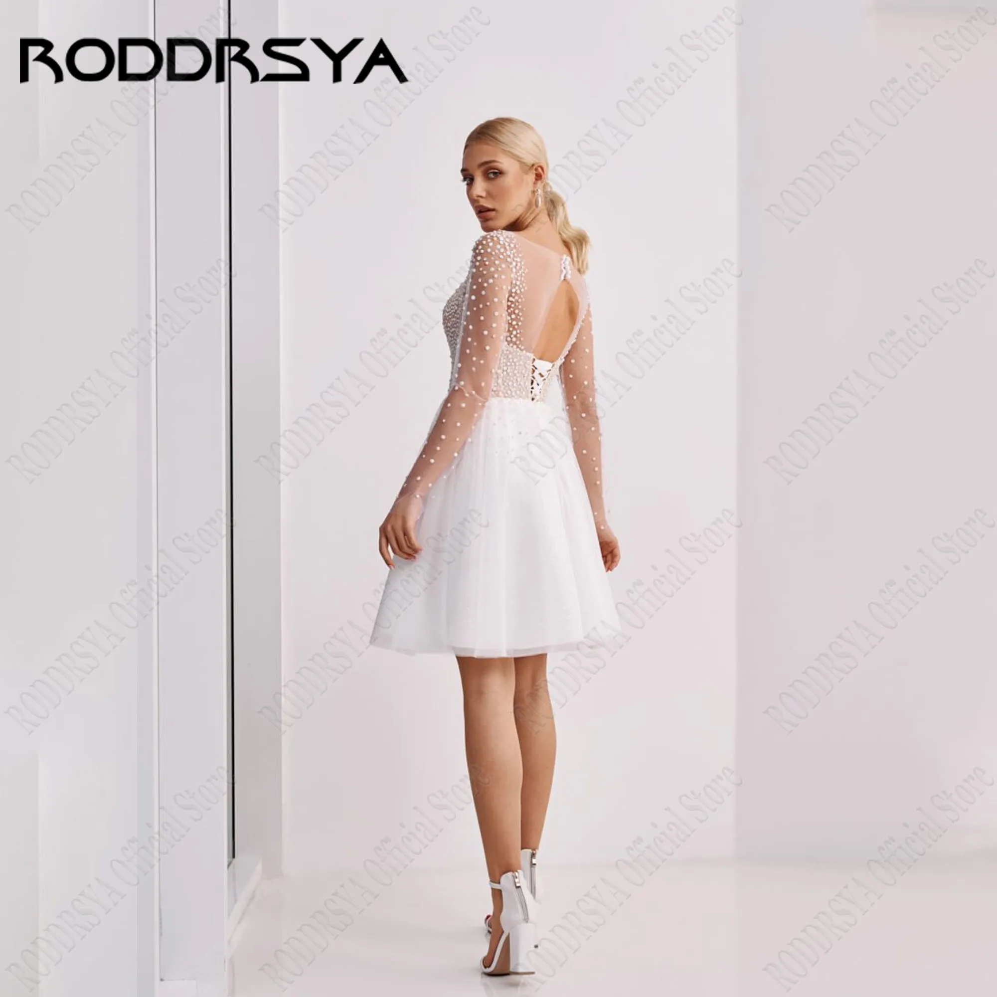 RODDRSYA Short Mini Wedding Dress 2024 Bride O-Neck Long Sleeves Backless Bridal Party Gowns A-Line Tulle свадебное платье