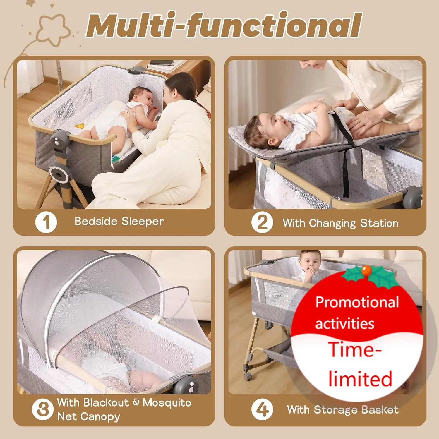 

Baby Bassinets Bedside Sleeper 5 in 1,Bedside Bassinet for Baby with Mattress,Diaper changer, Storage Layer,Mosquito Net,7-level