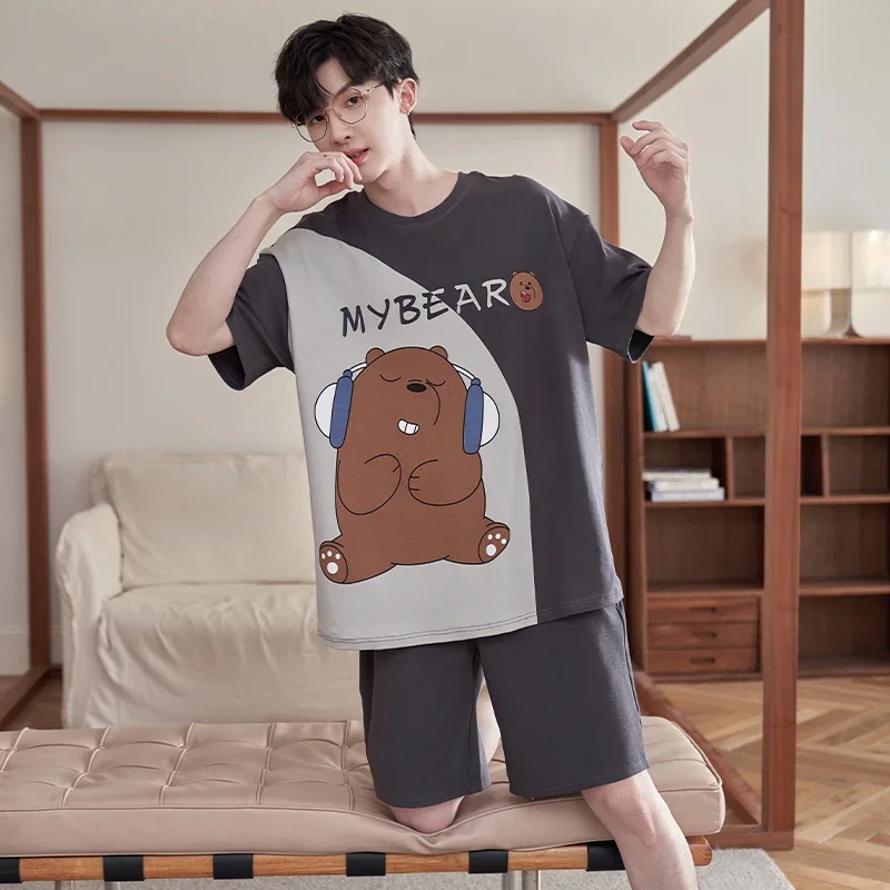 Summer Men's Pajama Sets Cotton Short-Sleeve Sleepwear Casual Man Pijamas Leisure Loose Bear Wear Korean  Pattern Pyjama Femme