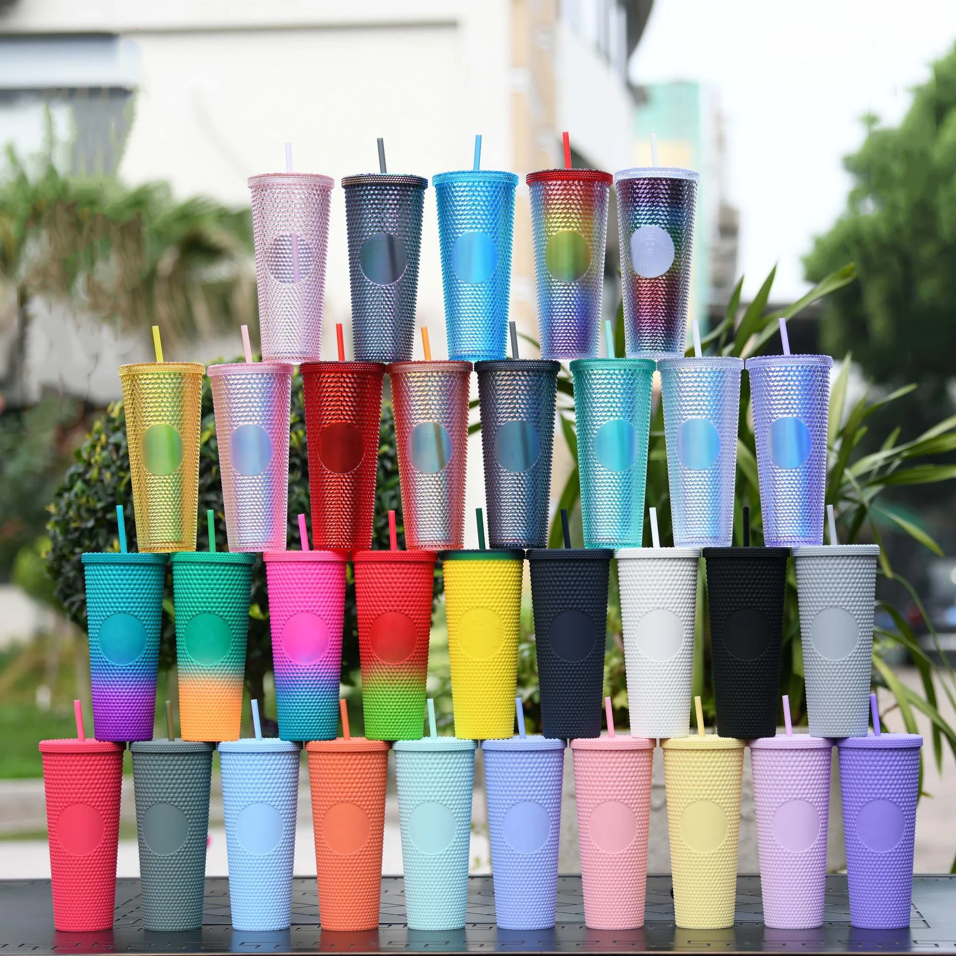 Summer Cold Water Cup Tumbler With Straw Double Layer Plastic Durian Coffee Mug Without LOGO Plastic Bottle Mug 710ML/450ML CUPS