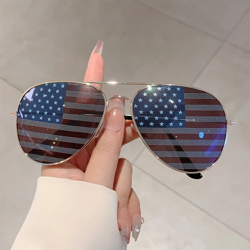 KAMMPT Vintage Pilot Sunglasses with National Flags Classic Metal Rim Party Shades Fashion Design Match Decorative Sun Glasses