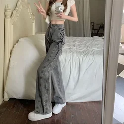 Y2k Black Gray Lace Up Jeans Women Vintage High Waist Straight Design Denim Pant Winter New Chic Harajuku Wide Leg Denim Trouser