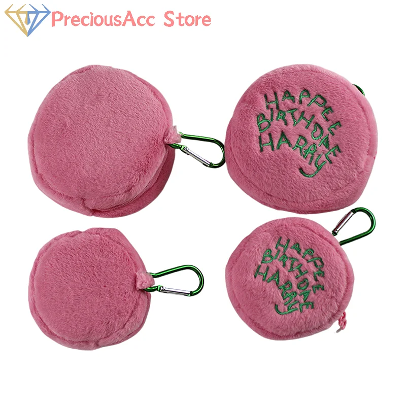 Pink Round Makeup Pouch Plush Coin Purse Earphone Storage Bag Cake Design Mini Organizer for Women Travel Daily Carry