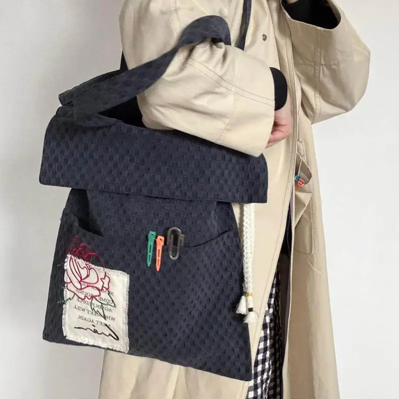 Original Fashion New Simple Casual Versatile Artistic Heavy Industry Embroidery Denim Plaid Vertical Square Canvas Shoulder Bags