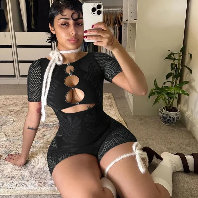 Women Sexy  Print Hollow Out Playsuits O-Neck Short Sleeve Skinny One Piece Rompers 2024 Summer Coqutte Nighclub Outfits