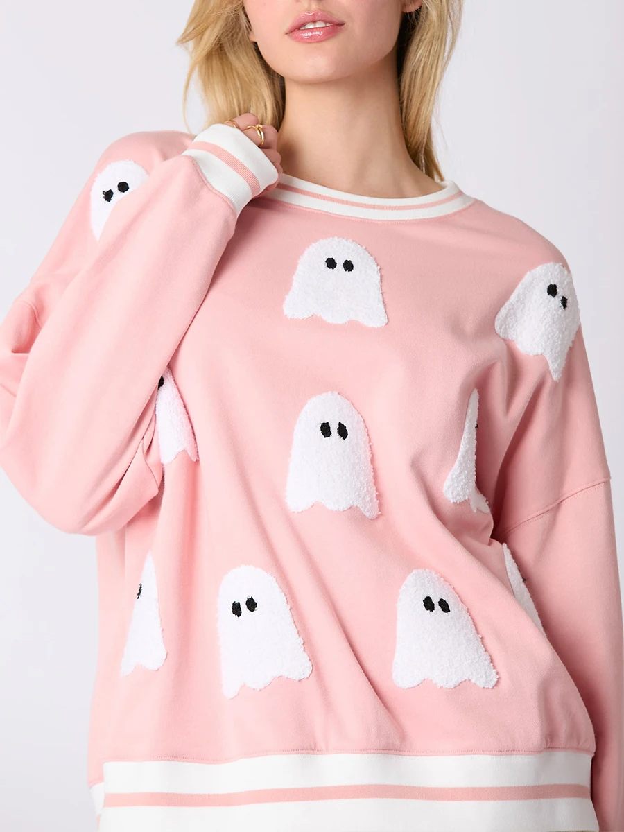 

Women Halloween New Sweatshirts Fashion Creativity Ghost Embroidery Long Sleeve Crew Neck Loose Pullover Tops Casual Streetwear
