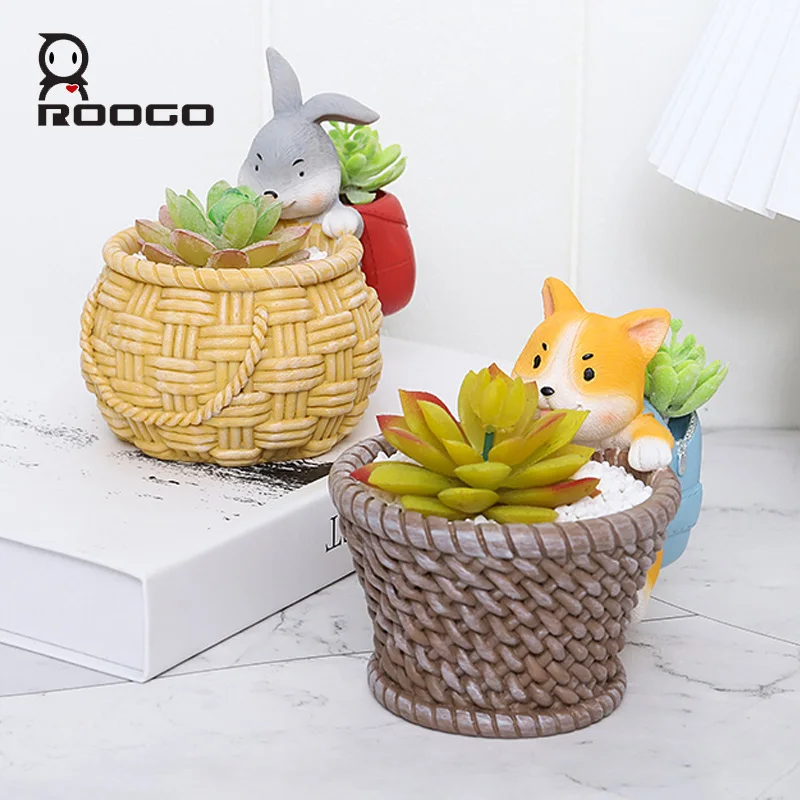 

ROOGO Cute Rabbit Dog Flower Pots Rustic Plant Container Creative Resin Succulent Planter Gardening Pots for Indoor Outdoor