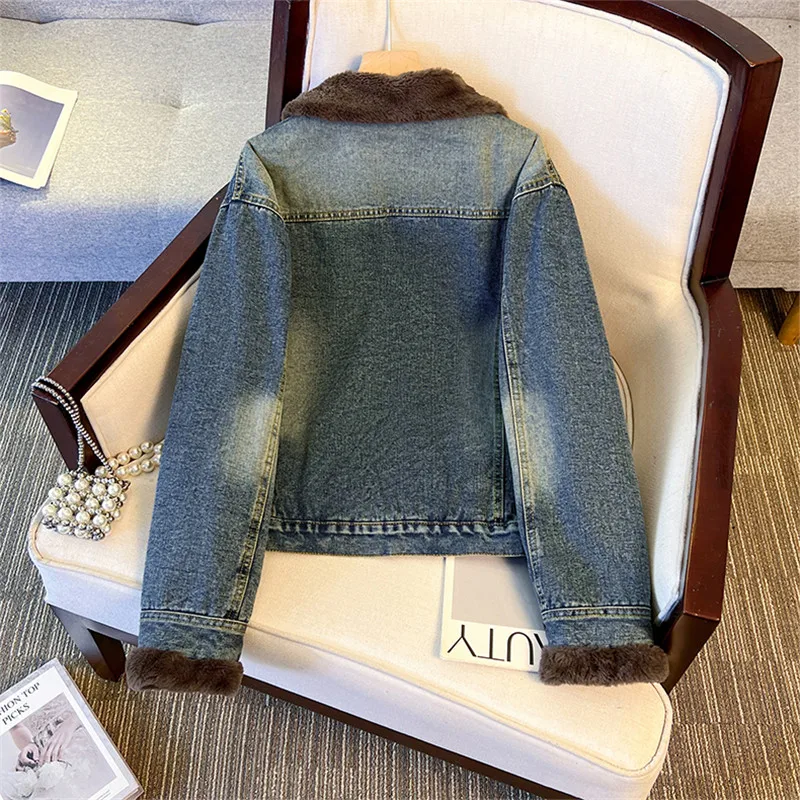 Winter Women Warm Faux Lambswool Liner Denim Jacket Vintage Blue Short Cowboy Outerwear Casual Lapel Long Sleeve Jeans Jackets