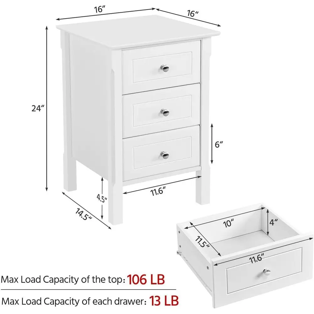 White Wooden 3-Drawer Nightstand for Bedroom, Compact Storage with Solid Wood Legs, Easy Assembly, Ideal for Home Office and Sma