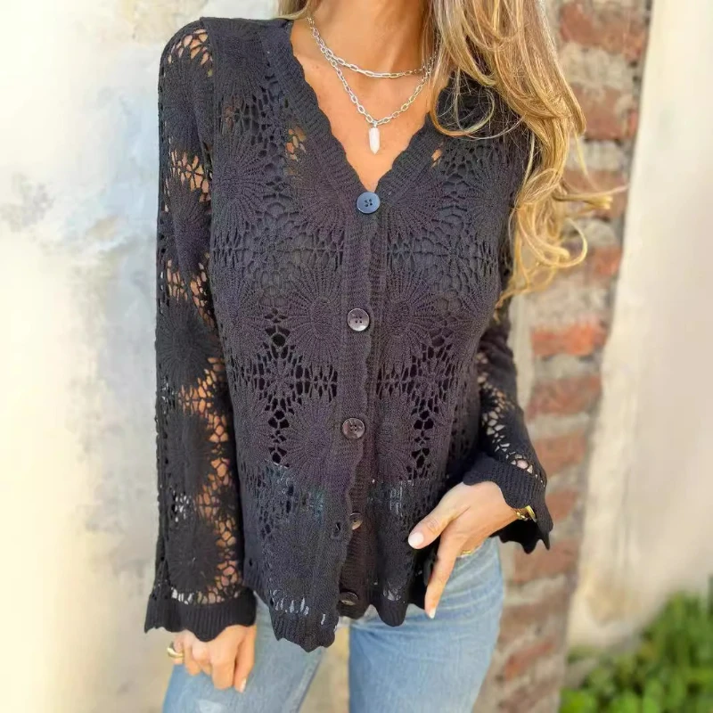 

Women Knit Top Coats Hollow Out Lace Spliced Jackets Full Sleeve V Neck Casual Tops Single Breasted Elegant Lady Autumn