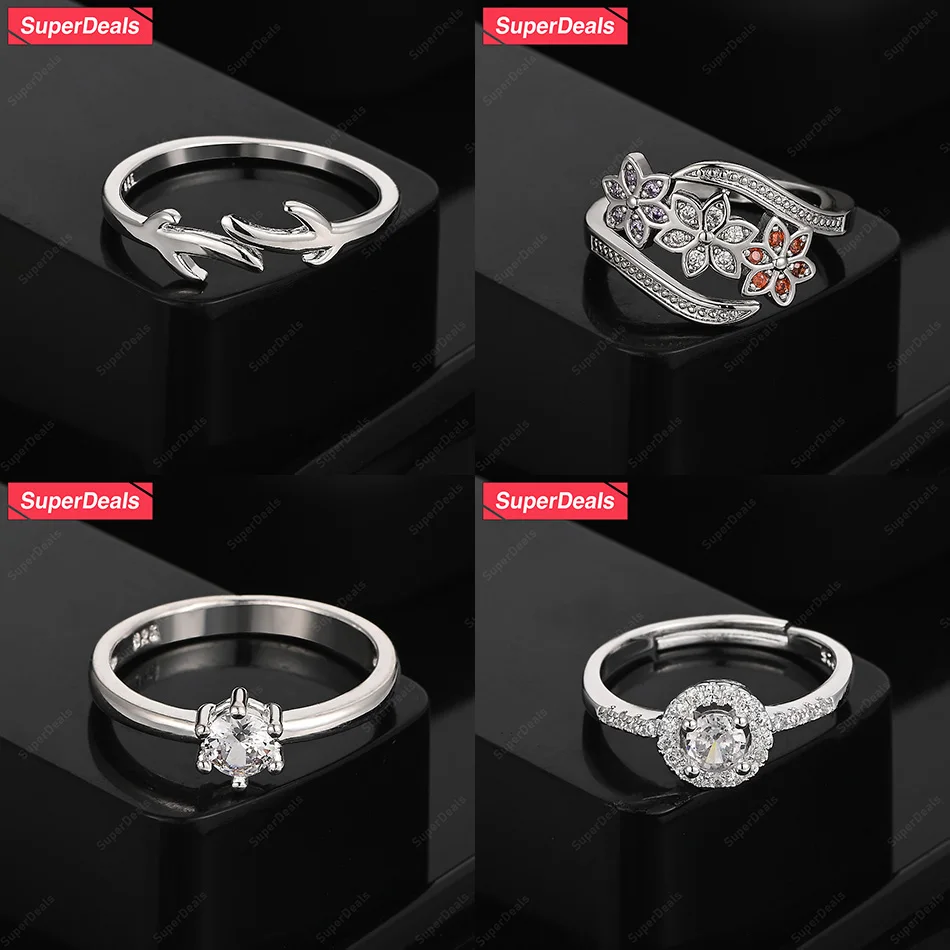 

SuperDeals 925 Sterling Silver Branch Flower Zircon Round Open Ring Women Gift Classic Charm Jewelry Engagement Wedding Party