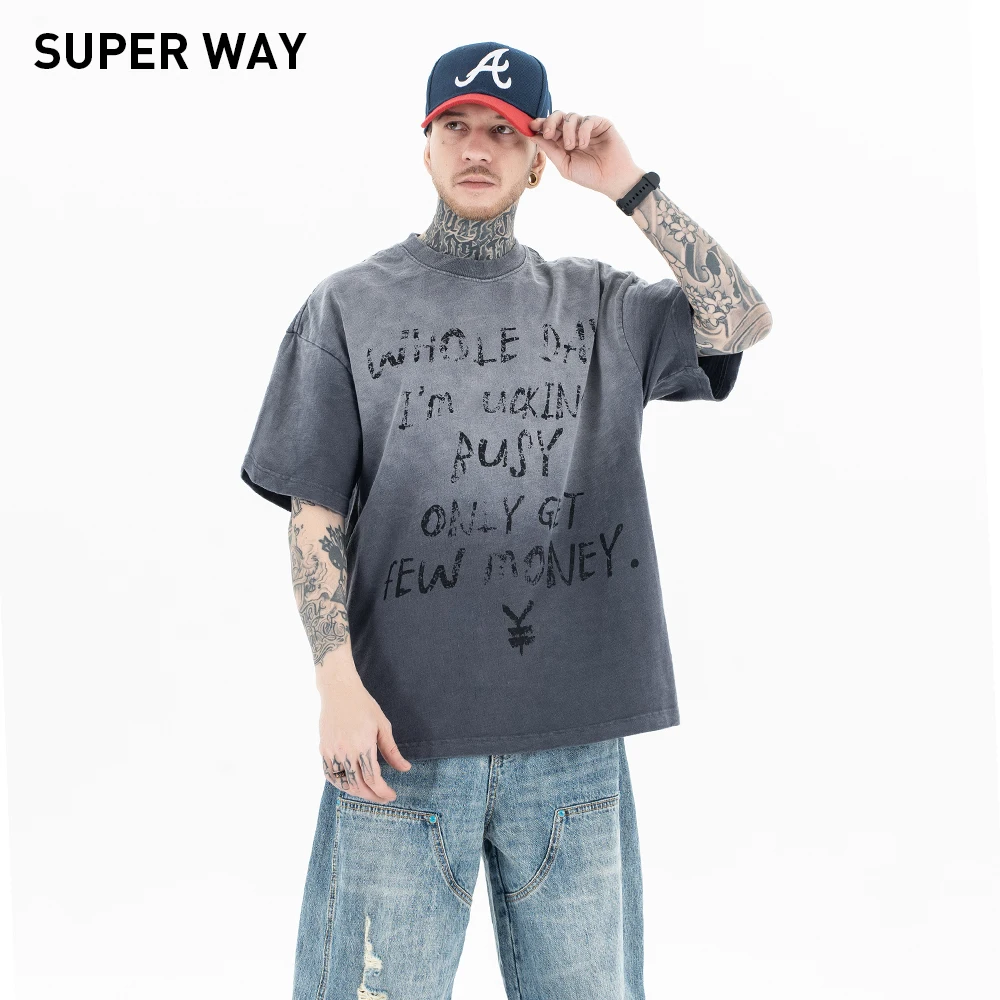 

Superway Original Design Washed Casual T Shirts Men Letter Printed HipHop Vintage Cotton Tee Y2K Oversized Streetwear Style Tops