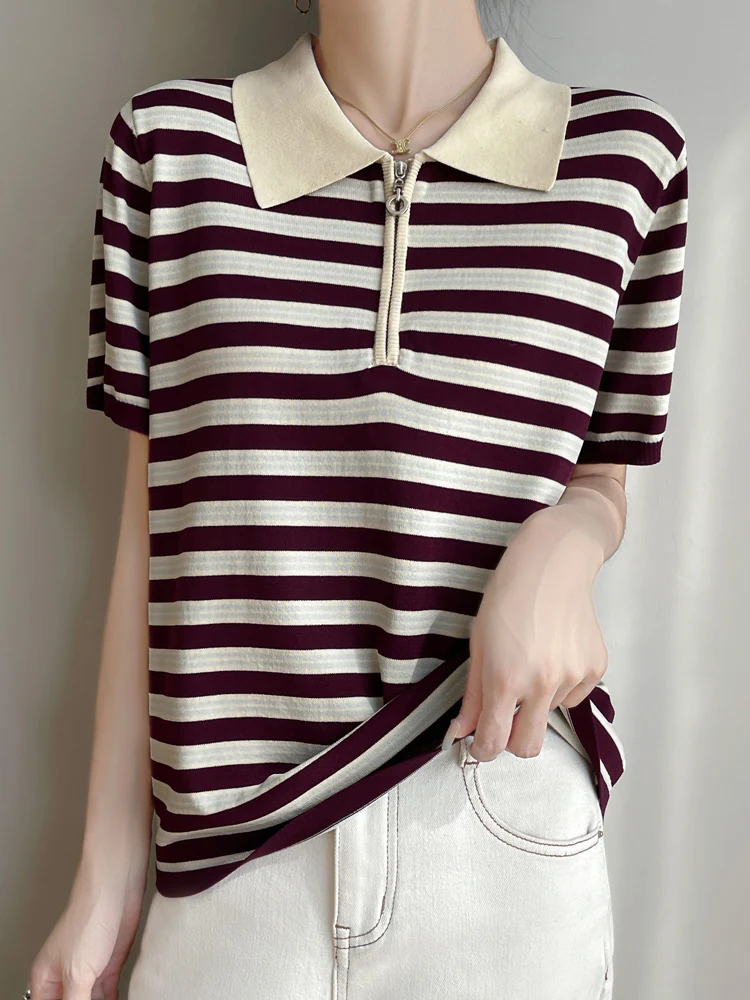 

TLOML Spring Summer Women Wool Sweater Polo Collar Half Zip Stripe Short Sleeve Pullover Cashmere Knitwear Comfy Thin Casual Top