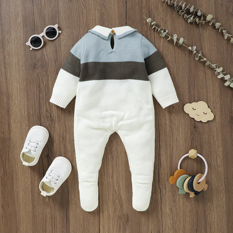 Newborn Baby Romper Knit Infant Boy Long Sleeve Jumpsuit Fashion Striped Toddler Kid Clothes 0-9M Children Overall Playsuit Warm