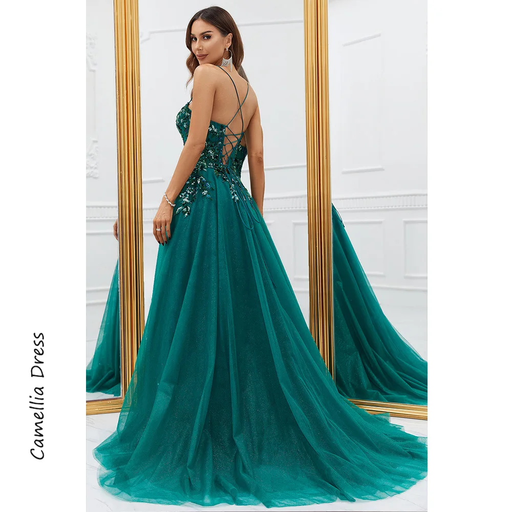 Rotterdam Kly-Robe de Soirée en Tulle Vert Foncé avec Appliques, Robes Formelles, Une Ligne, Éducative