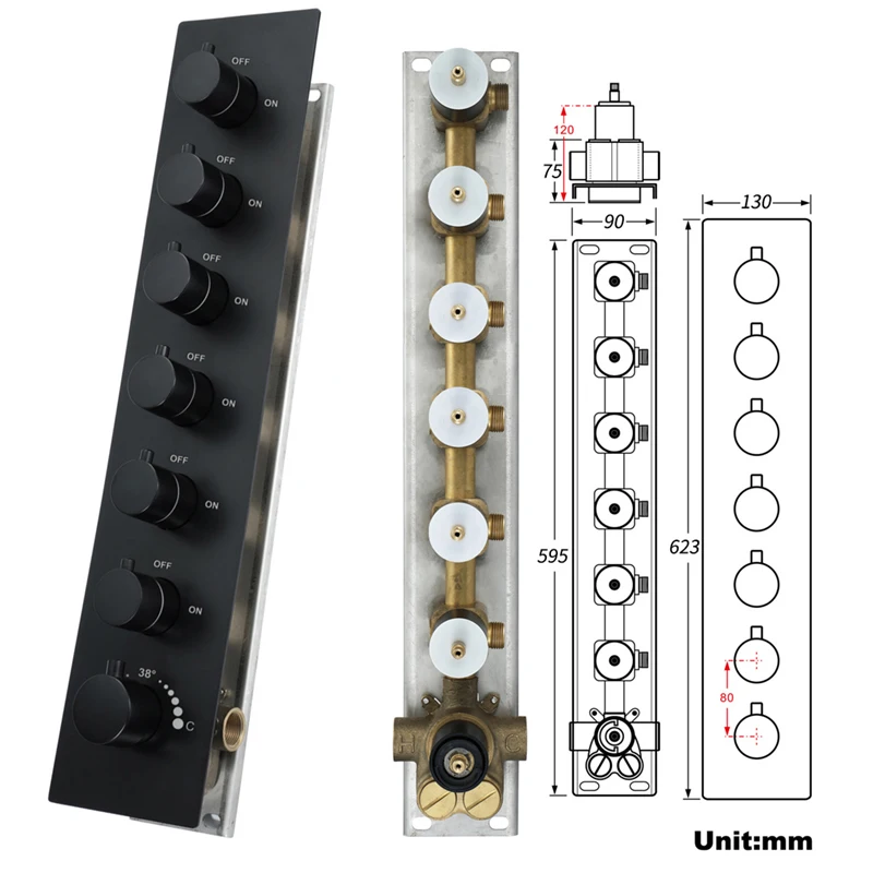 6 Functions Solid Brass Thermostatic Shower Mixer Pressure Balanced Multifunction Diverter Valve With Trim