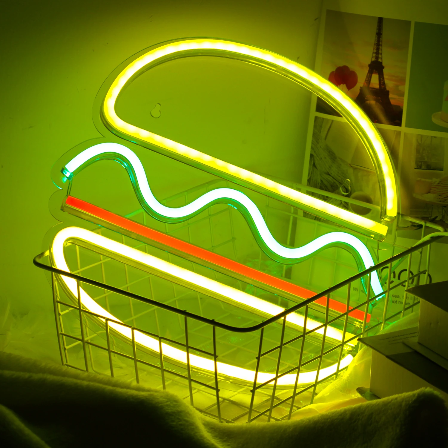 Ineonlife Neon Sign Light Custom Fries Hamburger Pizza Shaped Wall Hanging LED Party Restaurant Shop Kawaii Room Wall Decor Gift