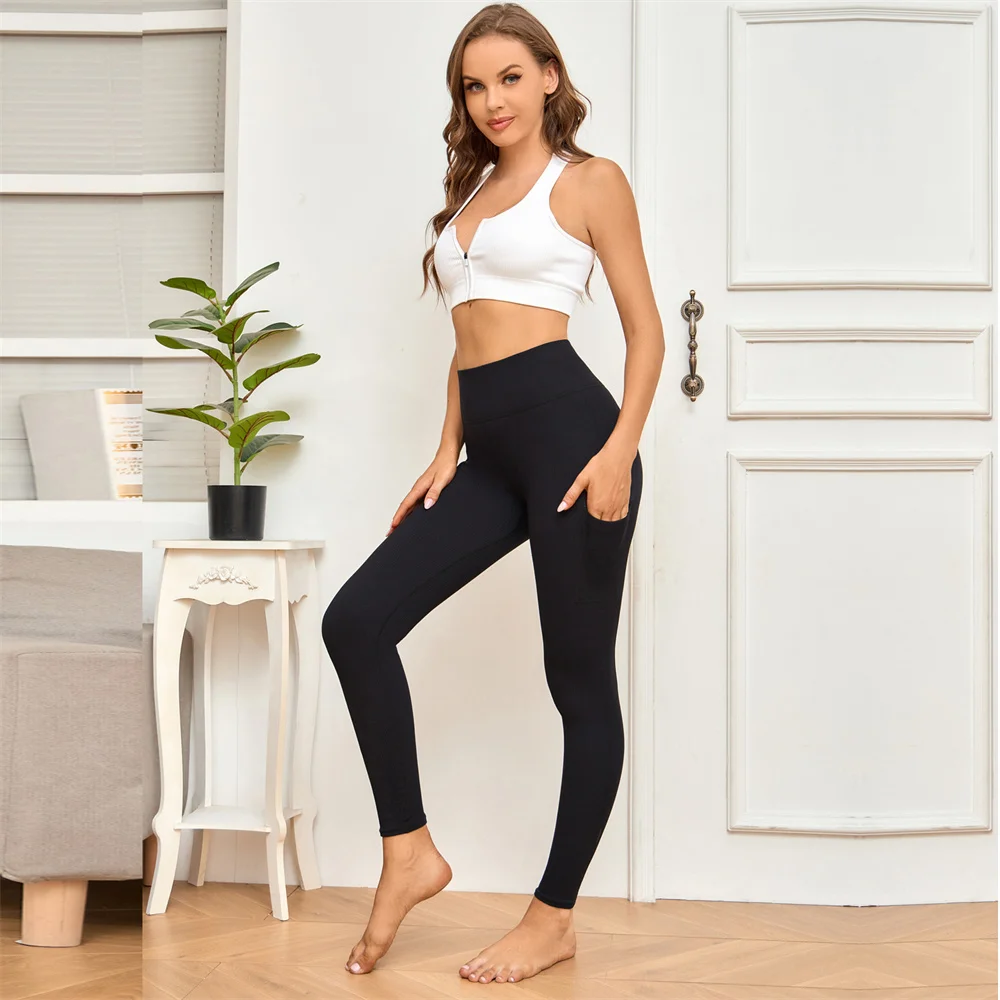 High Waist Fitness Women Leggings with Pockets Nylon&Spandex Stretchy Solid Sport Push Up Pants Gym Workout Running Slim Leggins