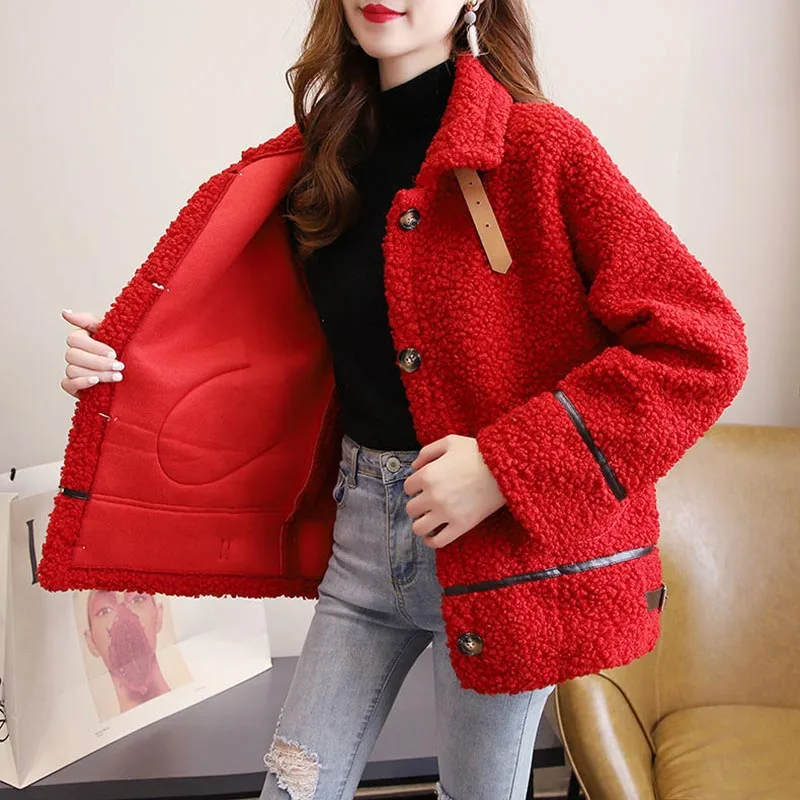 Lamb Wool Coat Women\'s Long-sleeved Korean Version Loose Autumn And Winter All-match Thick Fur One Plush Solid Color Warm Top