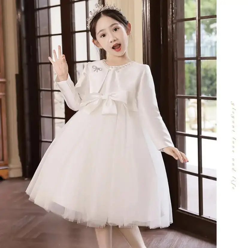 Elegant Princess Lace Dress Kids Flower Embroidery Dresses For Girls Vintage Children Dresses for Christmas Party Red Ball Gown