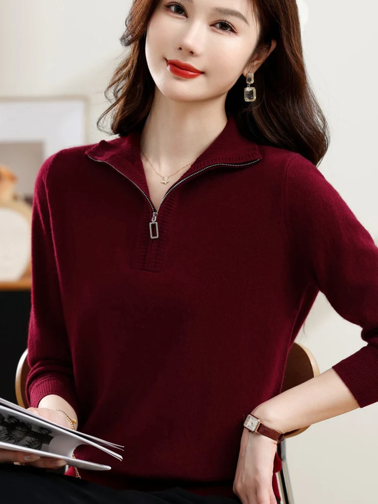 

Faionable Knitted Sweater Zipper Collar Loose Casual Full Cotton Wool Materni Wear for Middle-Aged And ly Women