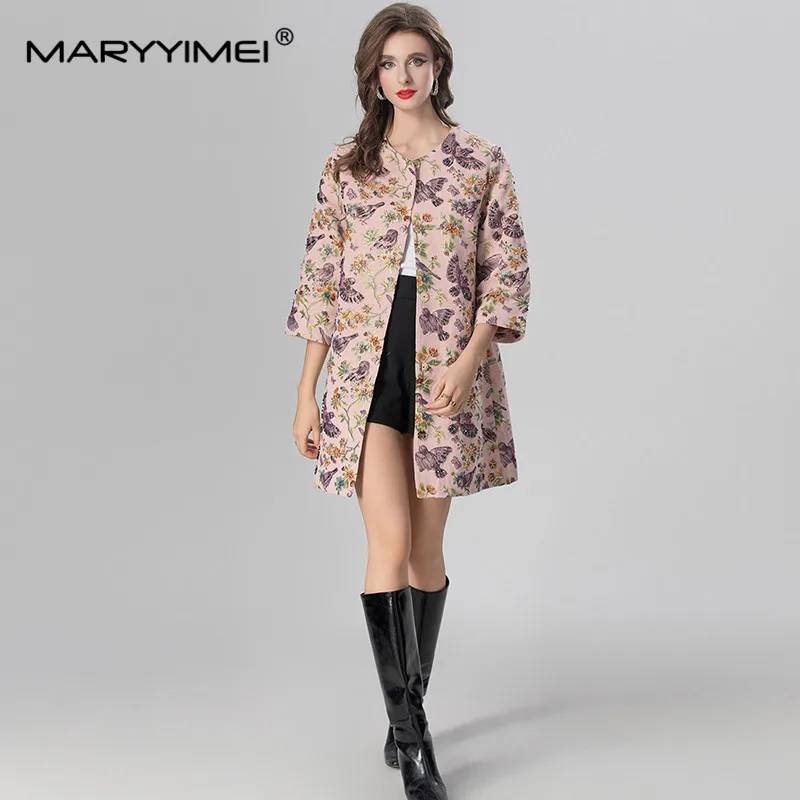 MARYYIMEI Women's Daily Casual Coat Three Quarter Sleeve Single-Breasted Beading Flower and bird patterns Short Overcoat