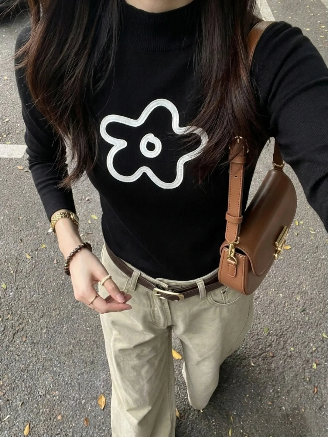 Black Floral Half High Neck Knitted Sweater Women's Slim Fit Inner Wear Long Sleeve Top Korean Style Commute Soft Knitwear