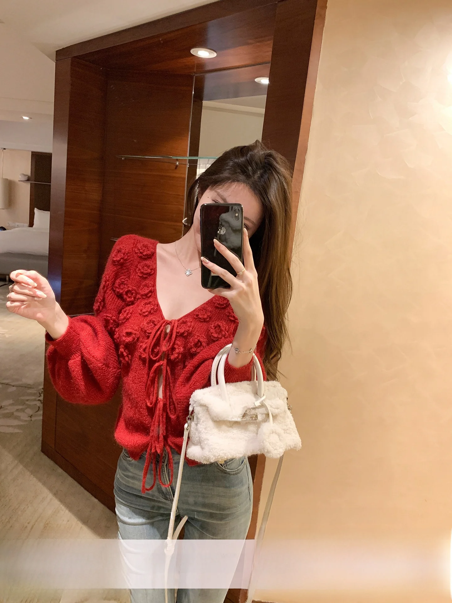 

Red V-Ne Sweater with 3D Flower Design ort Sle Women's Autumn Top with Belt YoyoZhang Commute Sle Loose Fit Long Sve