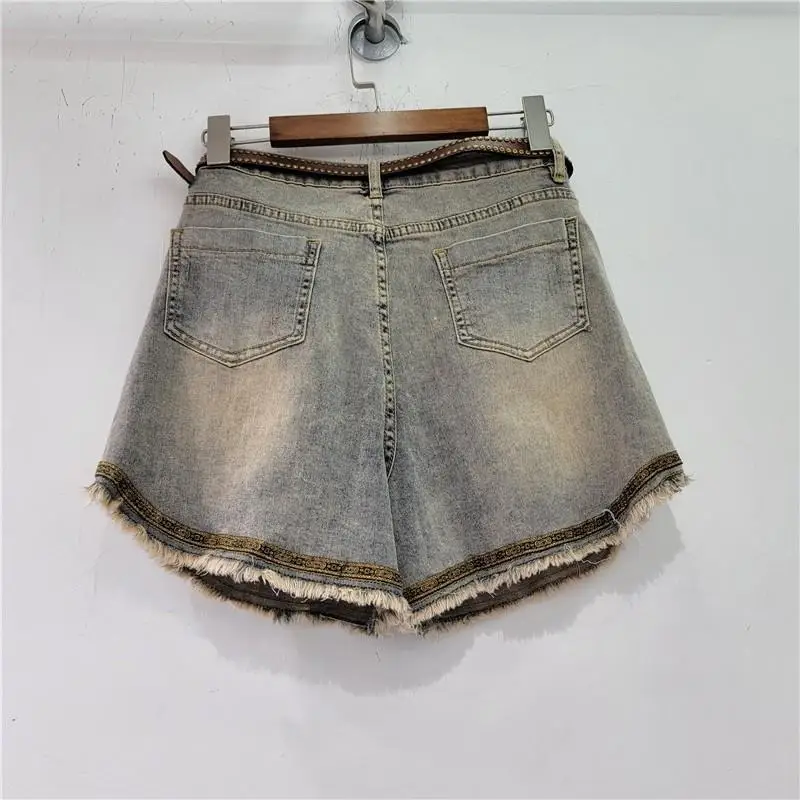 Women's Denim Shorts Solid Color Loose Straight Wide Leg Rivet Vintage Short Jeans 2023 Summer New Fashion High Waist Hot Pants