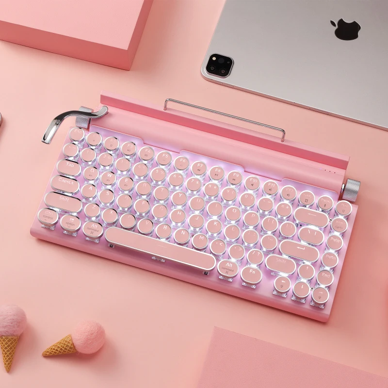 Retro Sakura Pink Typewriter Bluetooth Keyboard  Steam Punk Dot Green Switches White Backlight Wireless Mechanical Keyboard