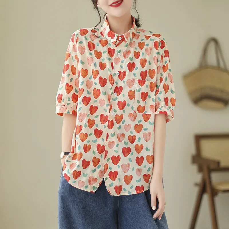 Blusa estampada de manga corta para mujer, blusa holgada con estampado de amor, versión coreana, elegante y juvenil, X693