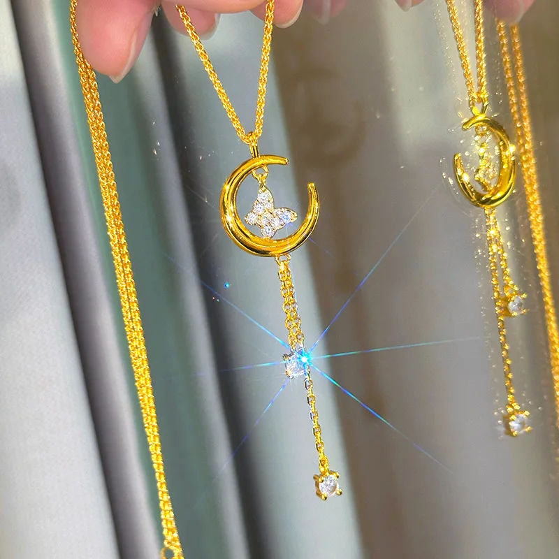 Luxury 9999 24K Real Gold Niche Butterfly Fantasy Moon Tassel Necklace Women's Crescent Moon Butterfly Tassel Clavicle Chain